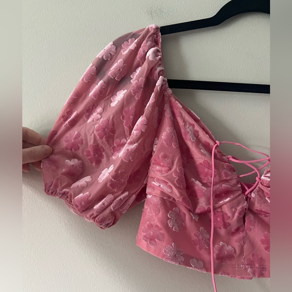 For Love & Lemons Pink Floral Burnout Puff Sleeve Crop Top S Lace Up - Picture 3 of 4